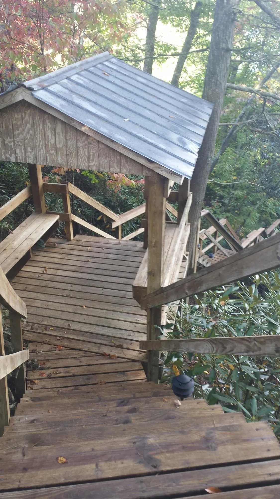 Metal roofed shelter over wooden steps on a wooded walkway — Skylight Repair & Installation work by our crew in Macclesfield